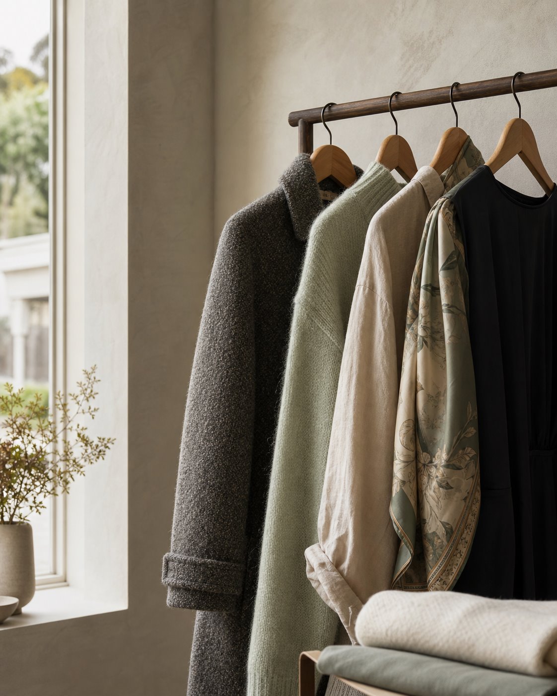 Softly lit rack of curated garments with layered fabric textures